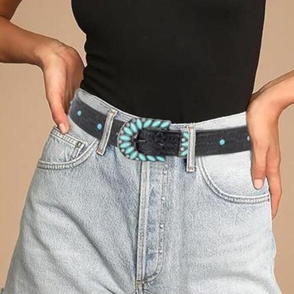 Women’s Western Turquoise Cowgirl Black Leather Belt for Jeans & Pants 42\